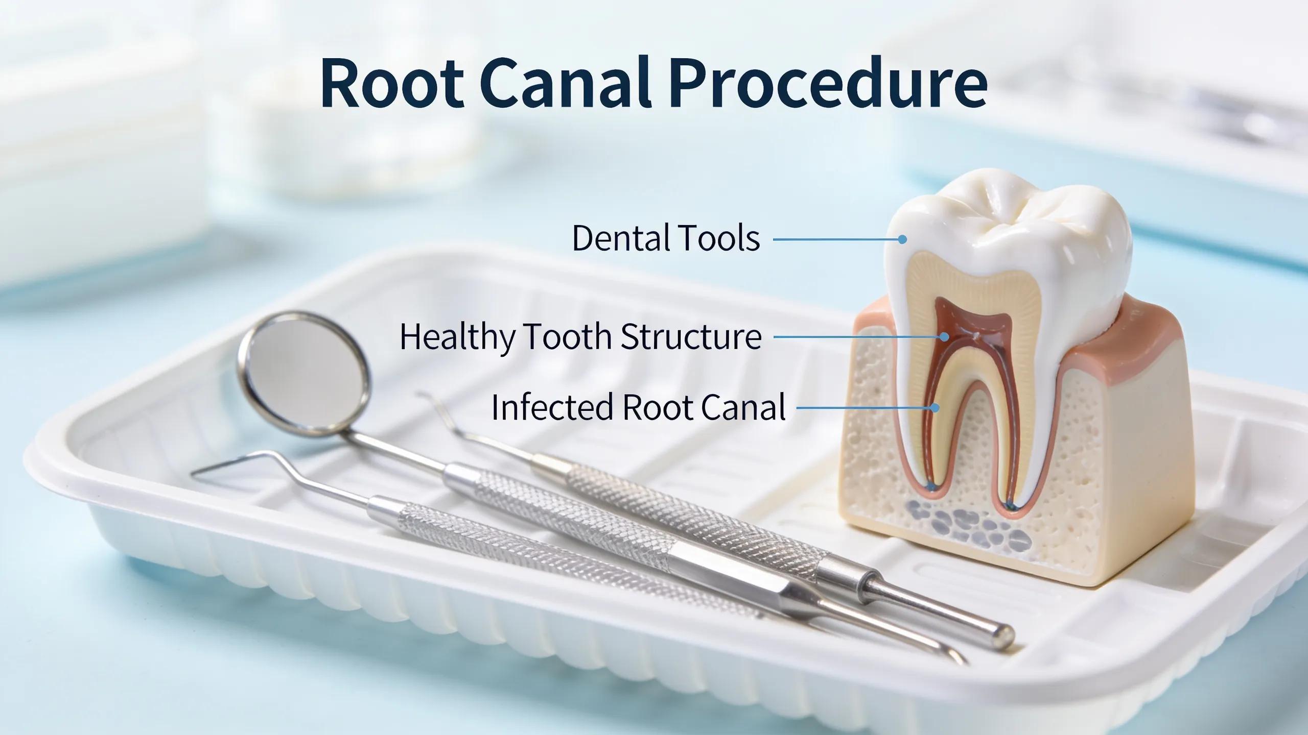 Dental tools and a tooth model in a dental workspace, highlighting the root canal procedure
