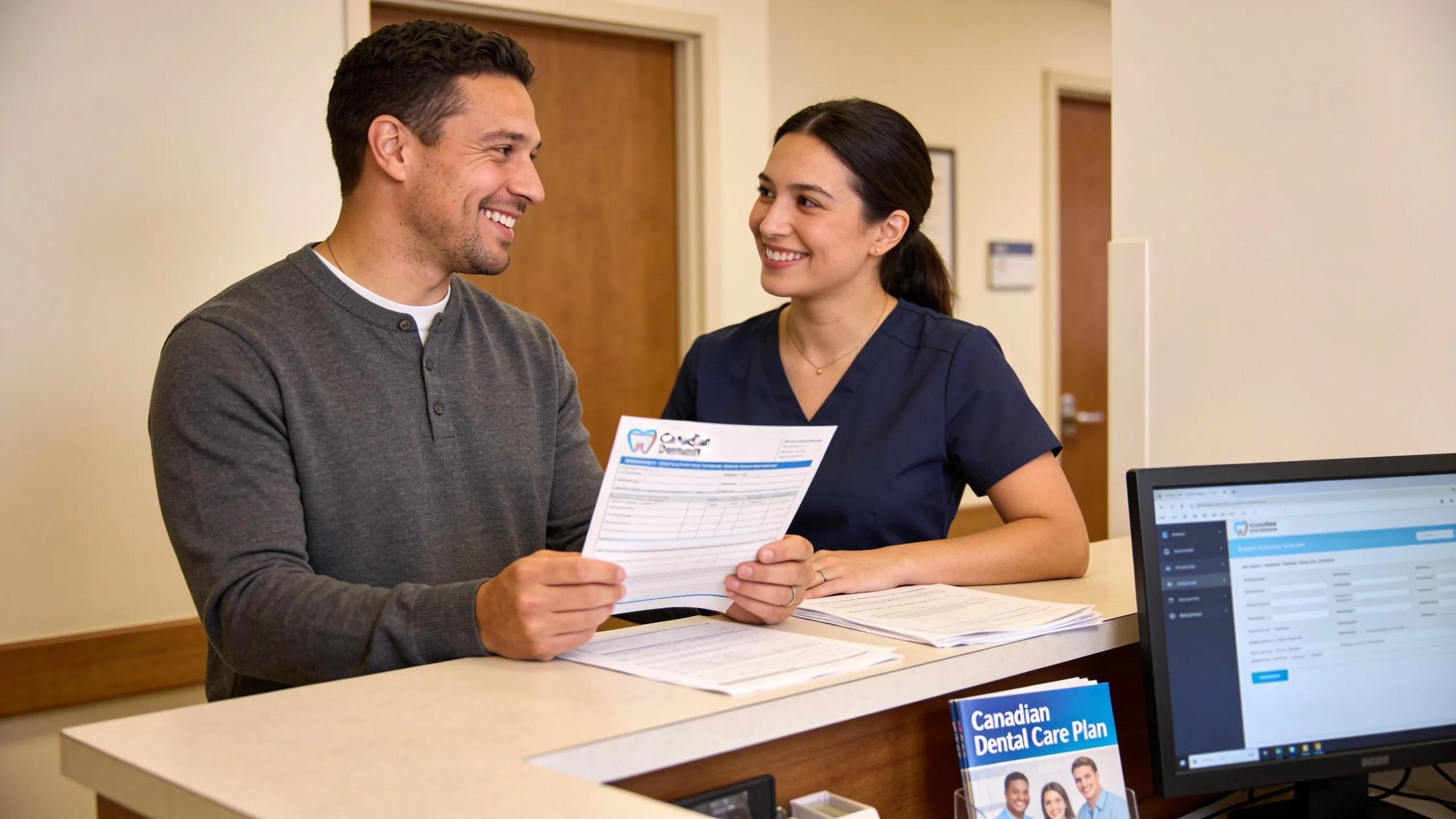 Patient consulting with receptionist at a dental clinic, illustrating the claim process for root canal coverage